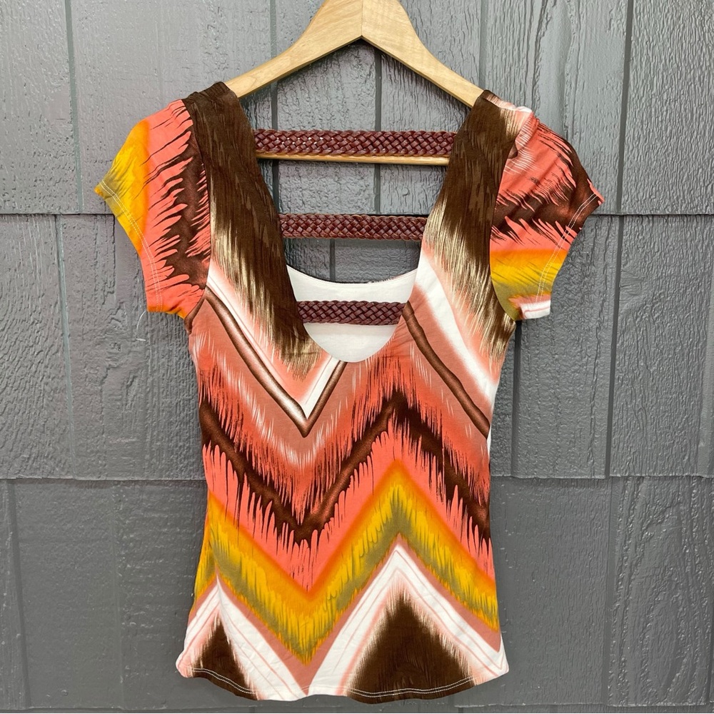 Sky Chevron Brown Orange Mustard Yellow Top with Faux Leather Braided Back - Picture 2 of 8
